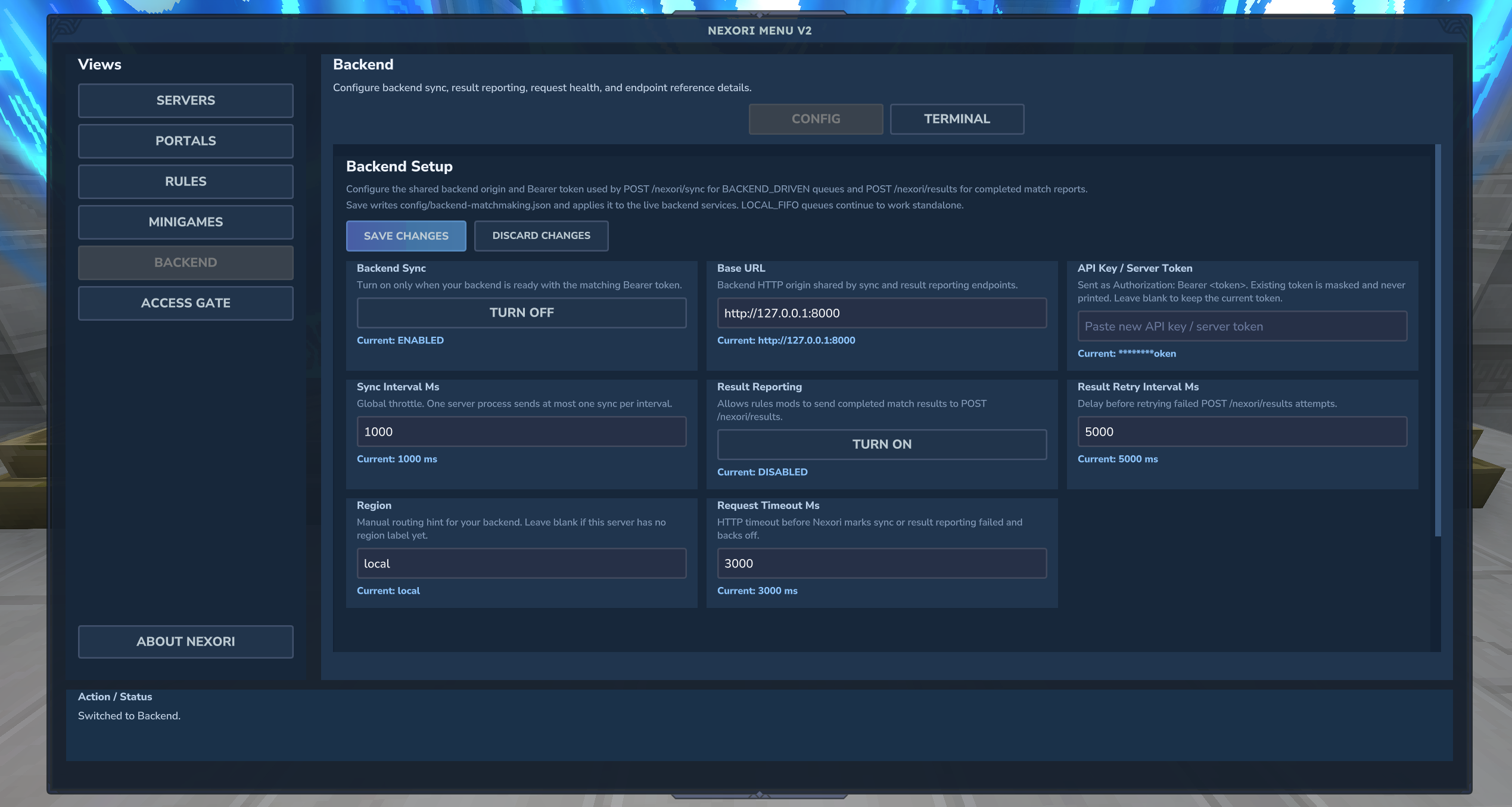 Nexori backend configuration UI
